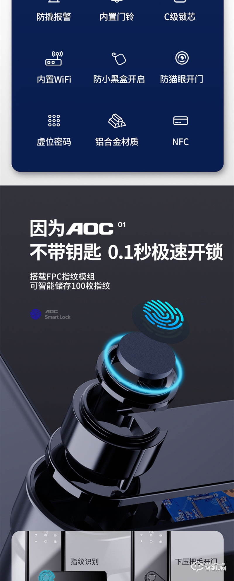 AOC智能锁L3 家用防盗门十大品牌指纹锁